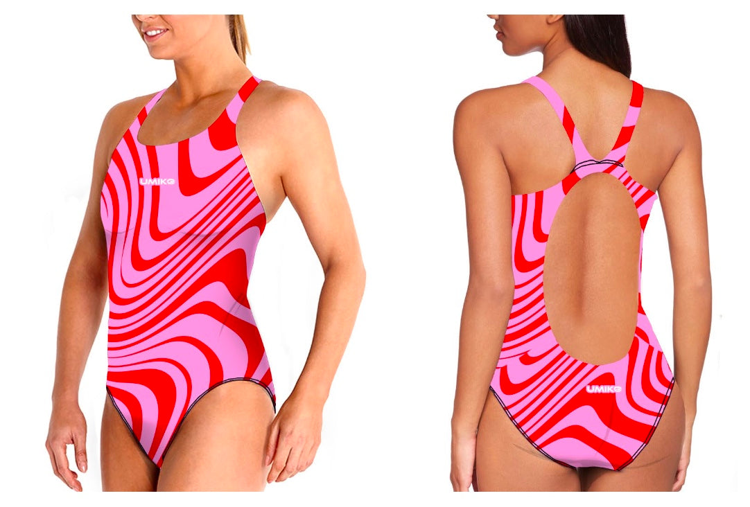 Umiko Red / Pink Wavy – Swimming costume- Wide strap