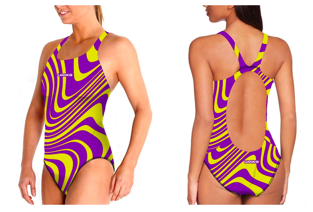 Umiko Purple / Yellow Wavy – Swimming costume- Wide strap