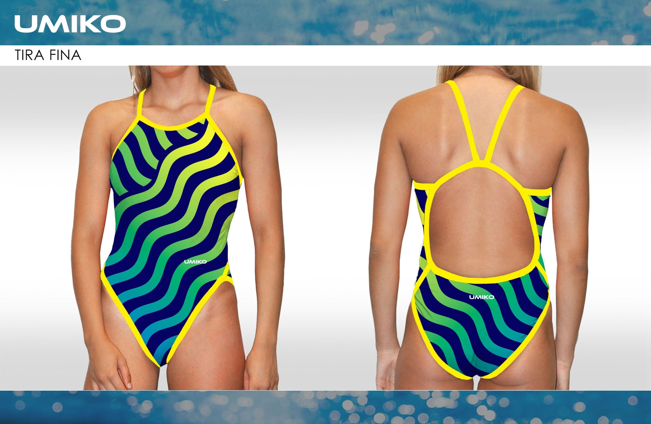Umiko Green/Yellow Ripple – Swimming costume- Thin strap image 0