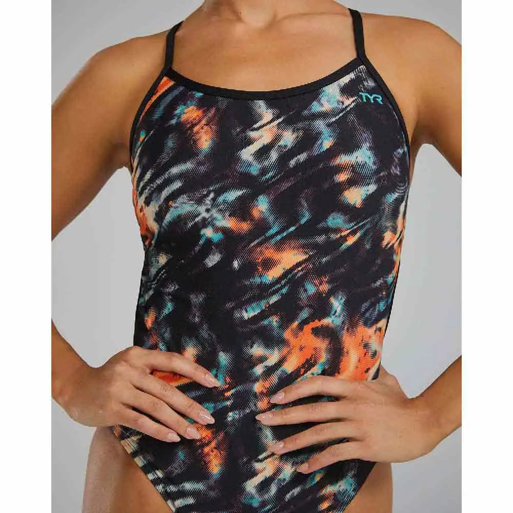 TYR Durafast Elite Crosscut Tieback Swimsuit - Orange/Aqua/Black image 4